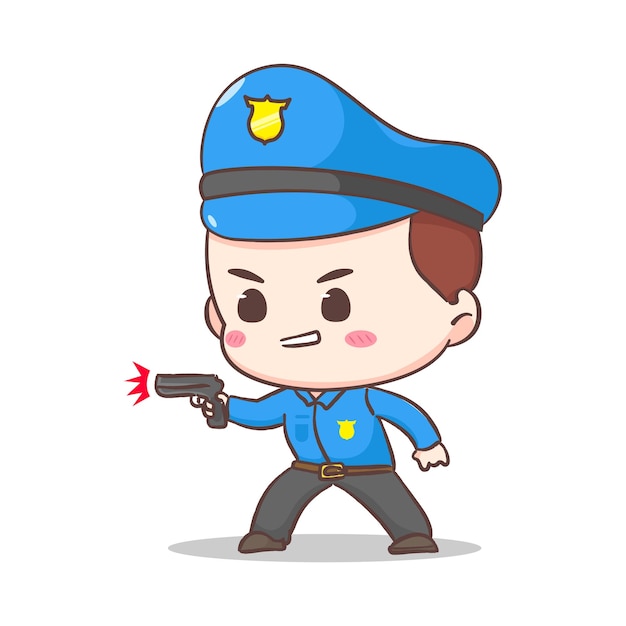 Cute policeman holding fire gun up cartoon character People profession concept design