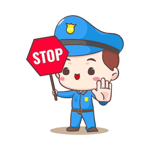 Simpatico poliziotto che tiene il personaggio dei cartoni animati del segnale di stop persone professione concept design