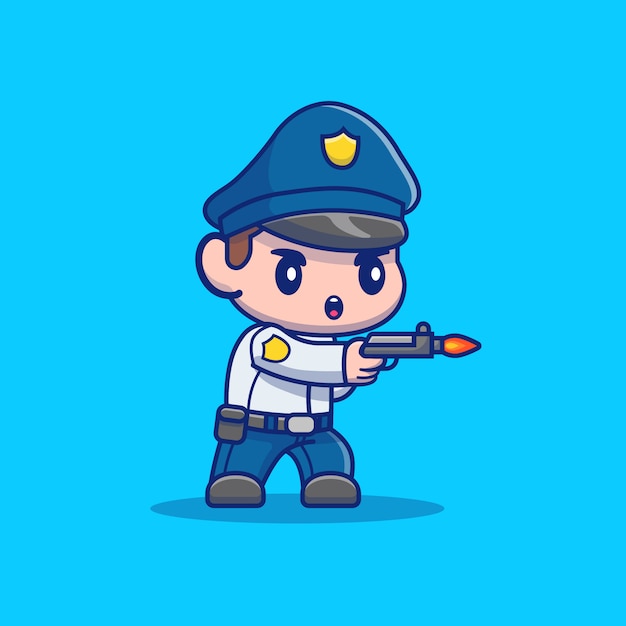 Cute Policeman Shooting With Pistol Cartoon   Icon Illustration. People Profession Icon Concept Isolated  . Flat Cartoon Style