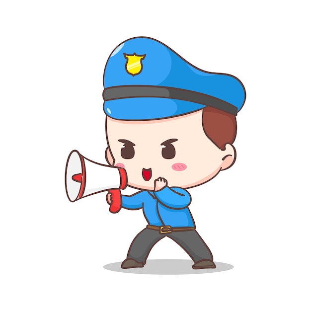 Cute policeman with megaphone cartoon character People profession concept design