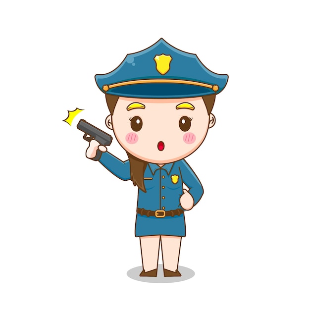 Симпатичный персонаж-полицейский, держащий пистолет, изолированный на белом