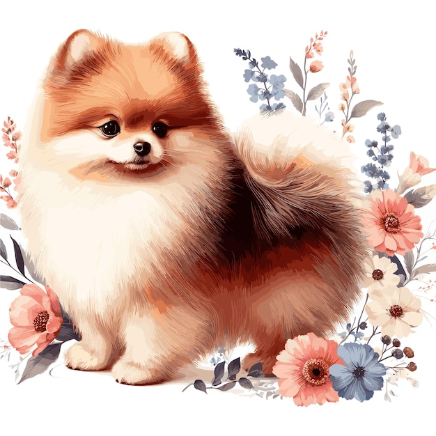 Vettore cartoon del cane pomeraniano vector style sfondo bianco