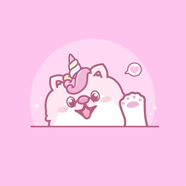 Cute pomeranian dog with unicorn horn smile and waving paw kawaii cartoon