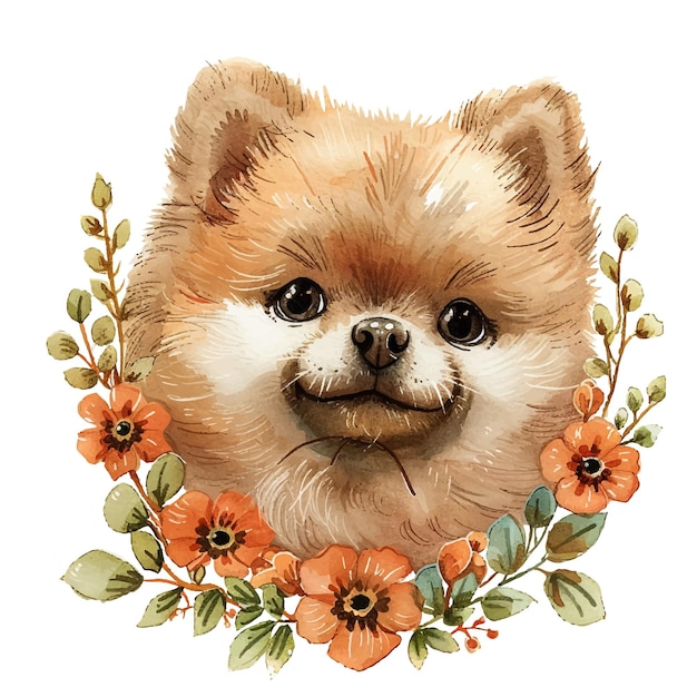 cute pomeranian with flower wreath vector illustration in watercolour style
