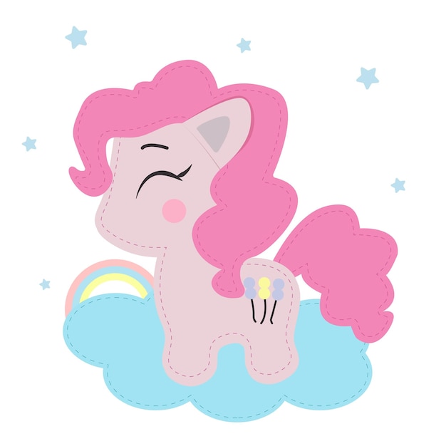 Cute pony on a cloud with a rainbow and stars