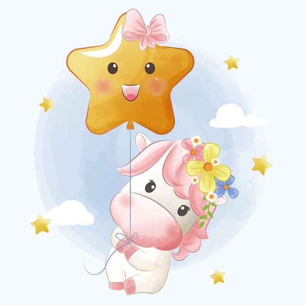 Cute pony is flying a balloon in the sky among the stars