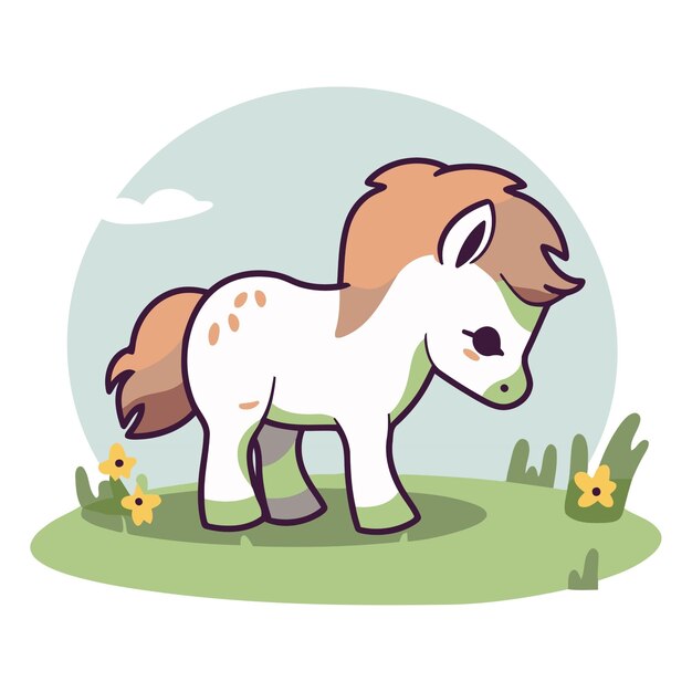 Cute pony on the meadow in cartoon style