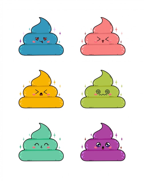 Cute poop character in japan kawaii style. the cute poo emoji stickers set isolated