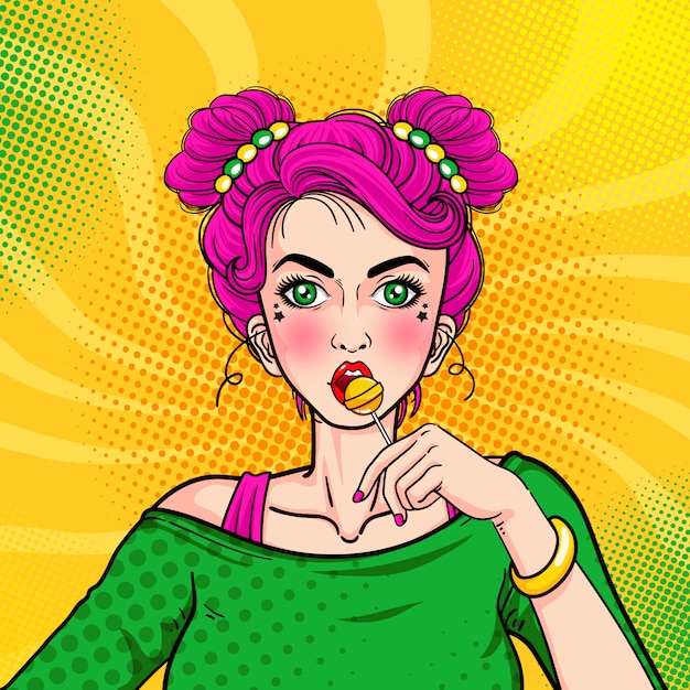 Cute pop art girl eating candy