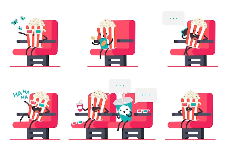 Vector cute popcorn and soda in cinema cartoon characters set isolated.