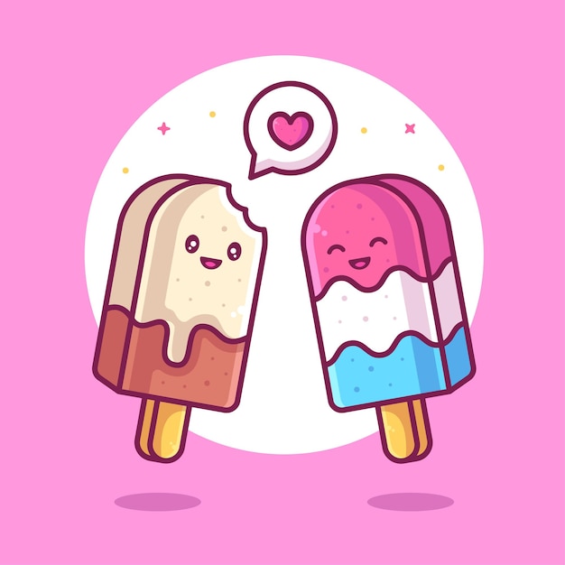 Cute popsicles Ice Cream in love illustration Food or Dessert Logo Vector Icon Illustration