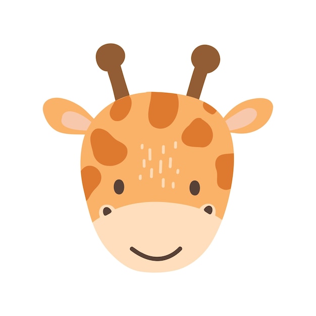 Cute portrait giraffe head in flat style drawing animal face isolated on white background vector illustration for kids poster and card jungle animal