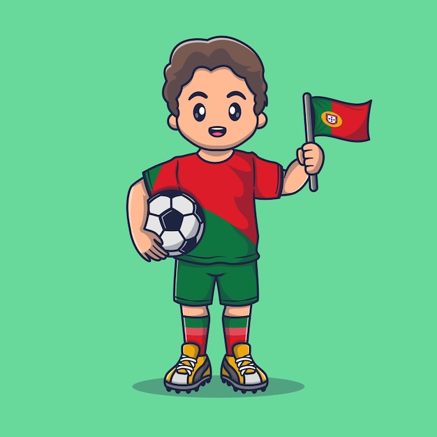 Simpatico giocatore di calcio portoghese in kit con bandiera della tenuta e illustrazione dell'icona del vettore del fumetto della palla.