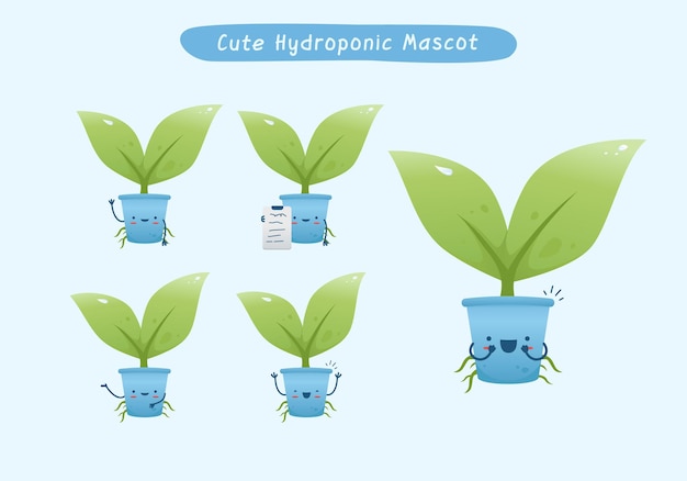 Cute pose set of hydroponic plant mascot character