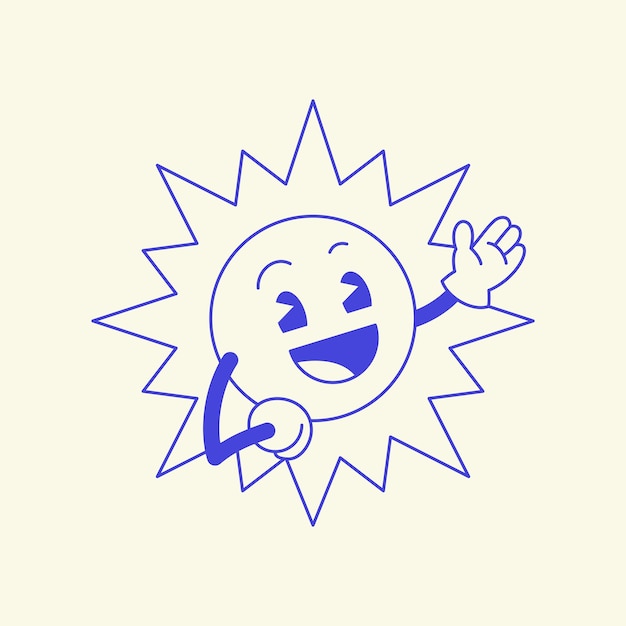 Cute positive bright sun cartoon character welcome gesture retro 30s animation style line art icon vector illustration Smile summer sunny comic mascot greeting cheerful minimal monochrome emoticon