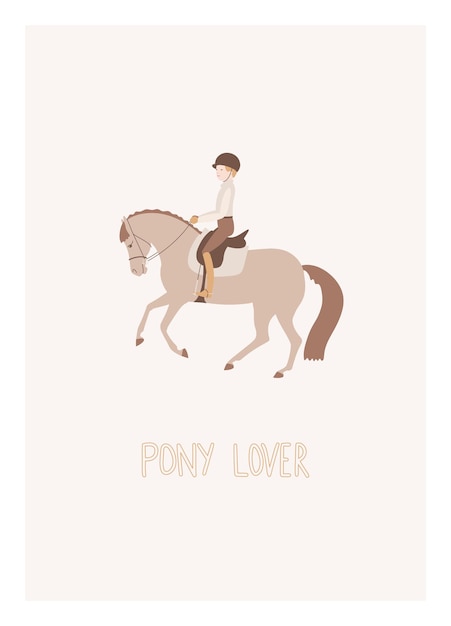 Vector cute postcard in children's style a boy riding a pony