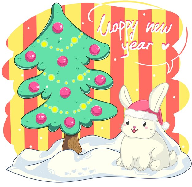 Cute postcard for childrens with white rabbit in santa hat green christmas tree and snow