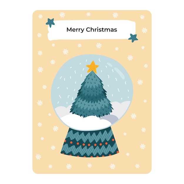 メリー クリスマス正月冬休みのかわいいポストカードお祝いフレーズ ベクトルとポスター手グリーティング カード テンプレート内のクリスマス ツリーとスノーグローブの描き下ろしイラスト