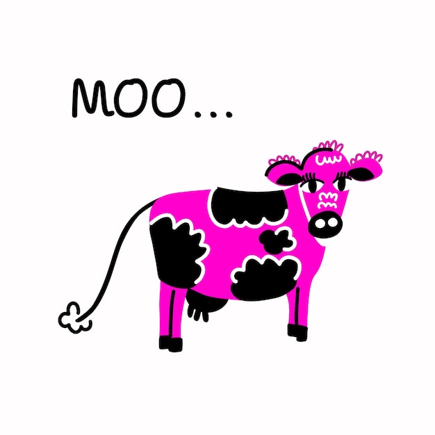 Vector cute postcard with a funny cow in bright psychedelic colors and the text moo