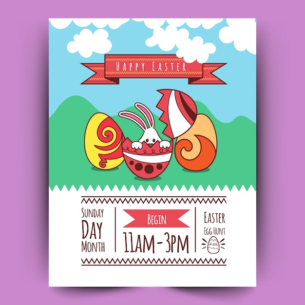 Vector cute poster for easter egg hunt with colored eggs and rabbit