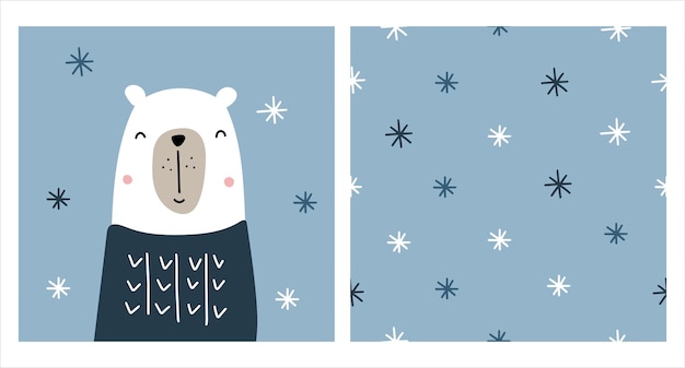 Симпатичный плакат с полярным медведем в свитере и бесшовным узором в скандинавском стиле со снежинками