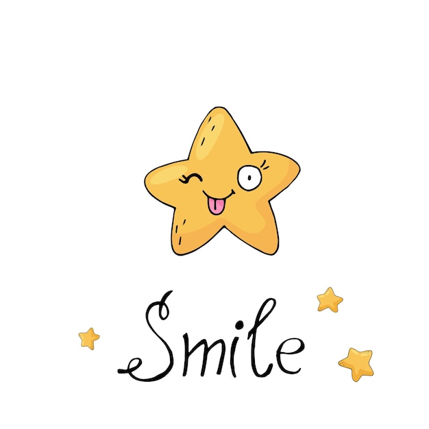 Cute poster with star on white background character and emotion in cartoon style hand draw elements in sketch style