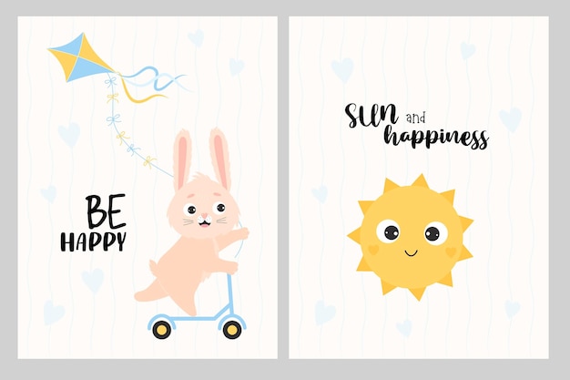 Cute posters Happy rabbit on scooter with kite and funny sun Slogan Be happy and sun and happiness