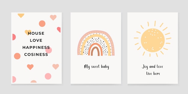 Cute posters with a rainbow and a sun vector prints for the nursery baby shower greeting