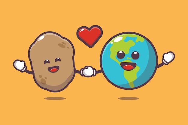 Cute potato and earth cartoon illustration world vegetarian day cartoon vector illustration