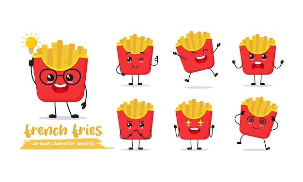 cute potato fries cartoon with many expressions chips different activity pose flat design