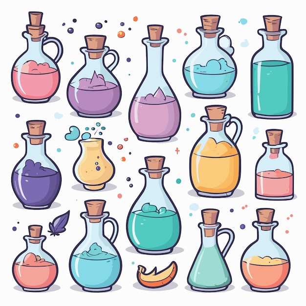 Cute potion bottles collection vector set kawaii illustration