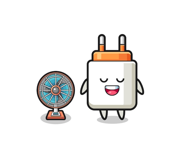 Cute power adapter is standing in front of the fan