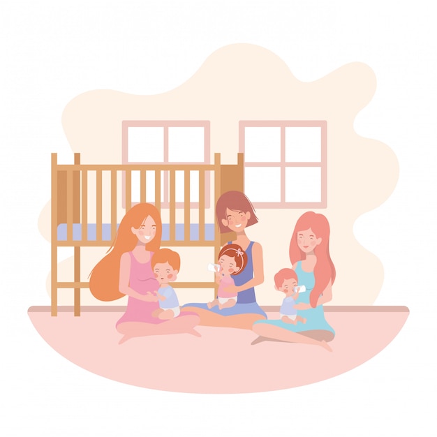 Vector cute pregnancy mothers seated lifting babies in the room