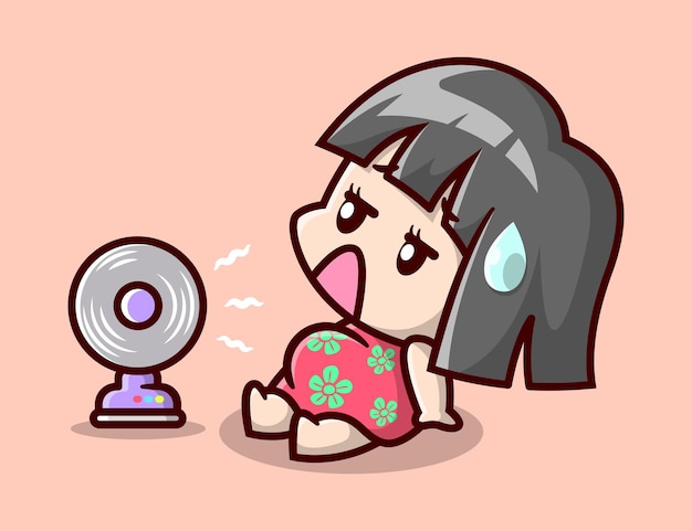 Cute pregnant mom is feeling hot and turning on the electric fan cartoon illustration