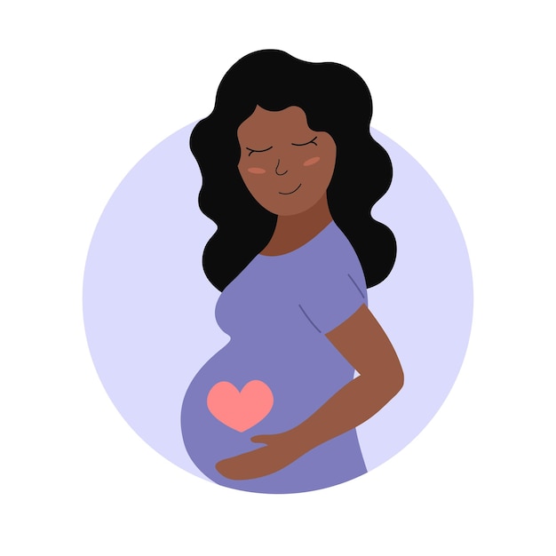 Cute pregnant woman Happy african american person with heart on belly Pregnancy concept Flat vector illustration of expectant mother