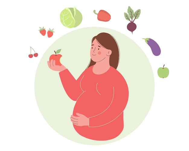 Cute pregnant woman holds red apple in her hand Healthy food concept during pregnancy