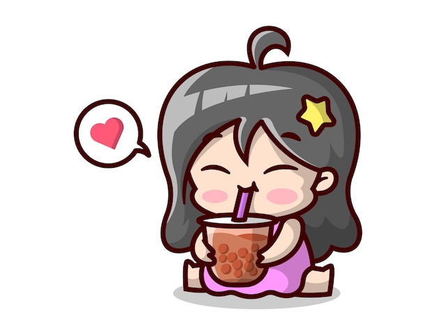 Cute pregnant woman is drinking a cup of boba high quality cartoon illustration