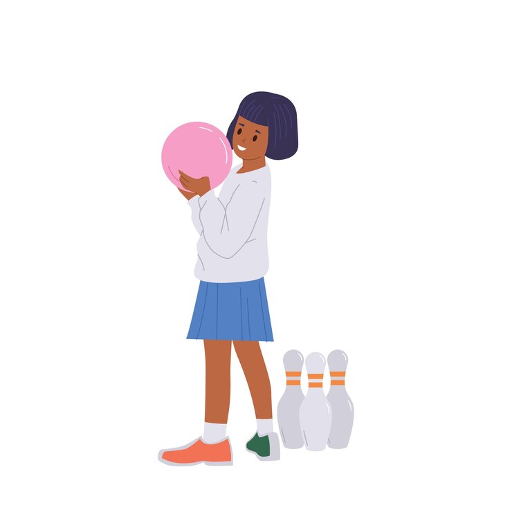 Vector cute pretty girl child bowling player cartoon character holding ball standing nearby skittles