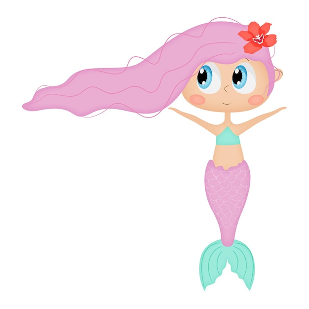 Cute pretty mermaid, cartoon character.