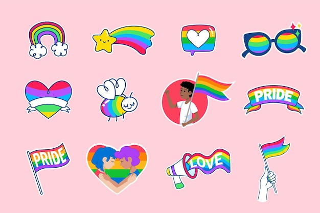 cute pride and love sticker icons with rainbow themes