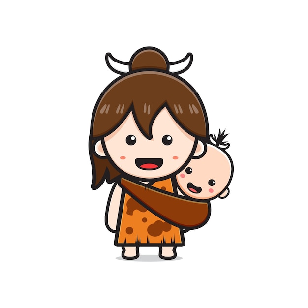 Cute primitive cave woman holding a baby cartoon icon clipart illustration