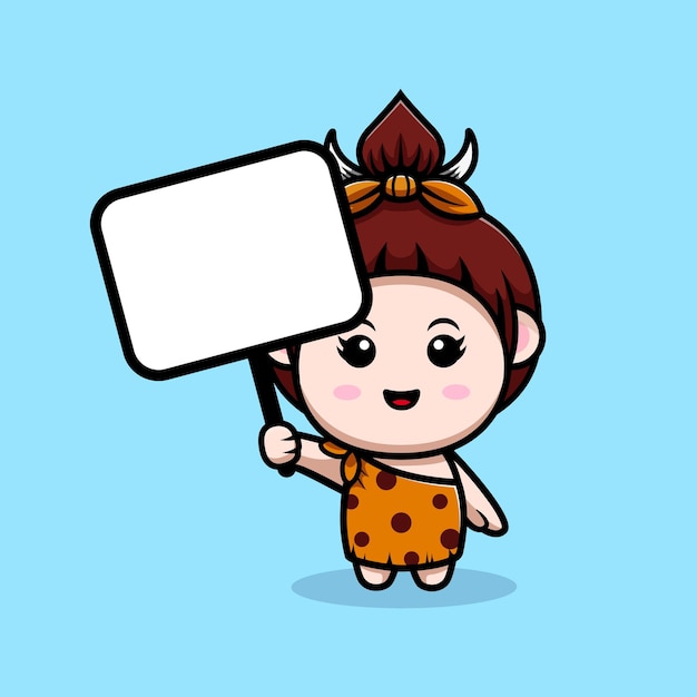 Cute primitive cavegirl holding blank text board icon illustration