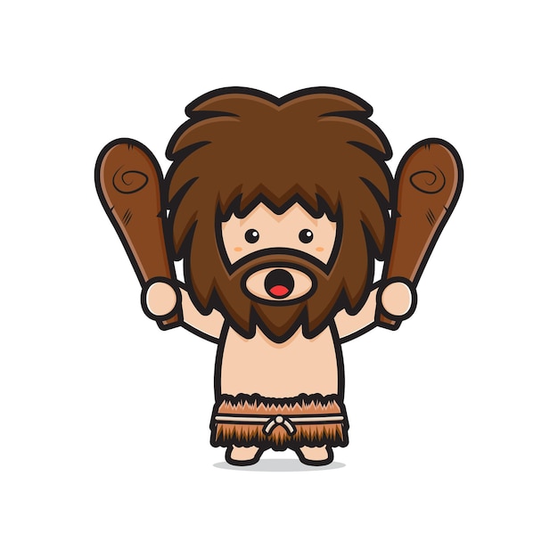 Vector cute primitive caveman holding cudgel cartoon icon clipart illustration