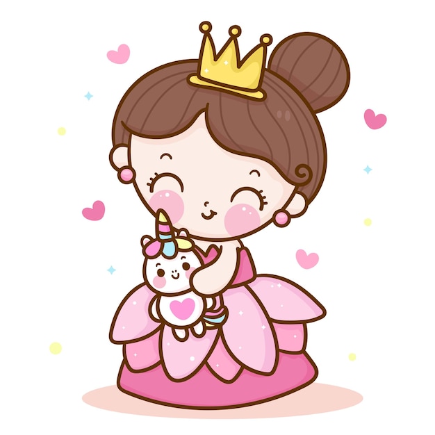 Cute princess cartoon hug lovely unicorn kawaii illustration