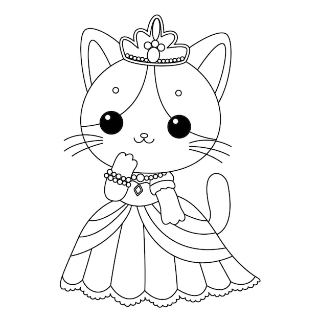 Cute princess cat coloring page Cat character vector Illustration