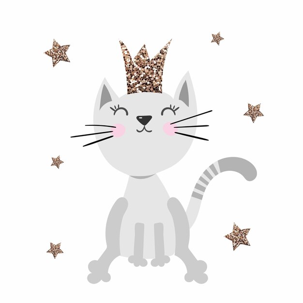 Cute princess cat with a glitter crown and stars My princess cat