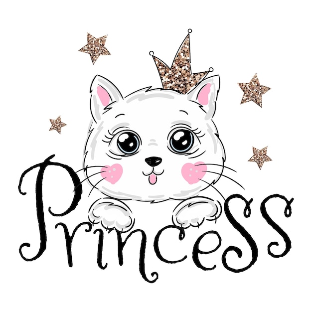 Vector cute princess cat with a glitter crown