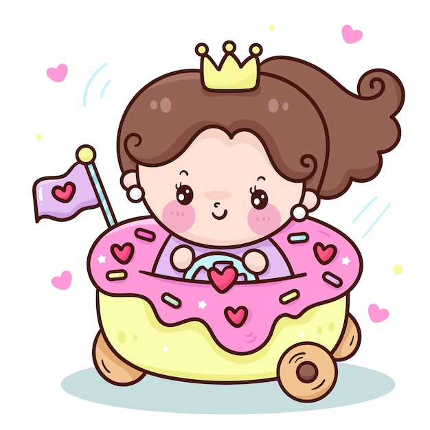 Cute princess drive donut car kawaii cartoon