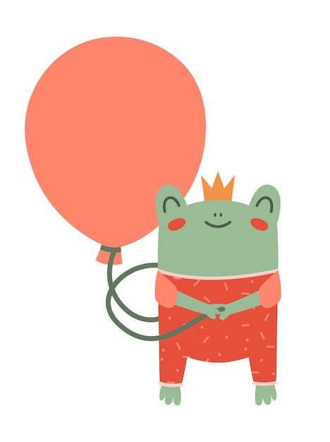 Cute princess frog with balloon and place for text with greetings. cartoon kawaii toad in crown.