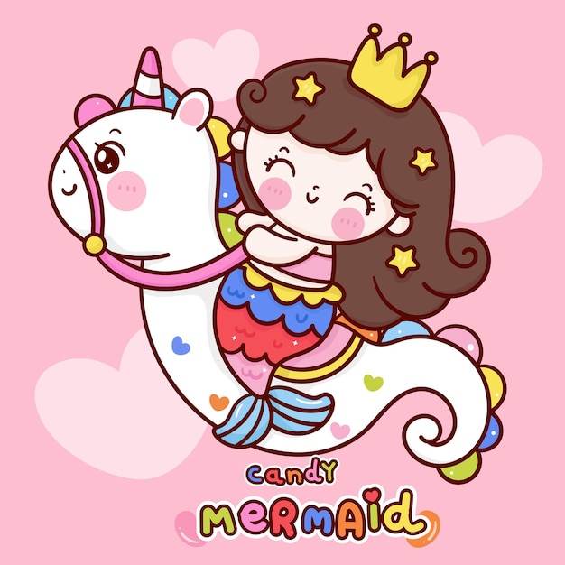 Cute princess mermaid logo ride unicorn sea horse kawaii animal